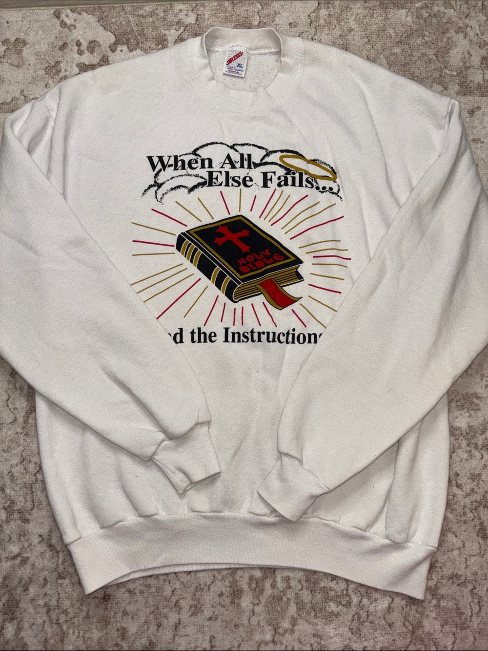 Vintage Jerzees White Crewneck Sweatshirt with Bible Graphic and Radiant Accents